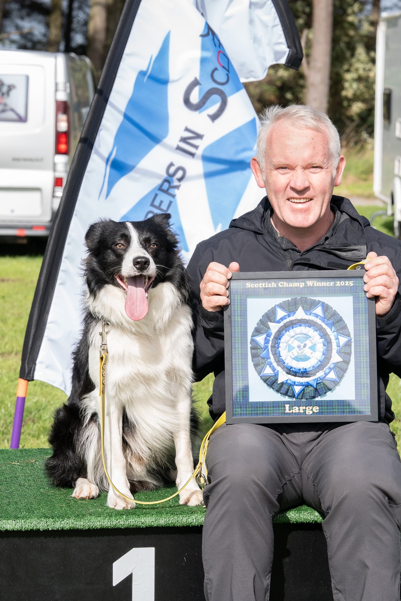 Martin Hart with Sam on the winners podium at Hoopers in Scotland 2025